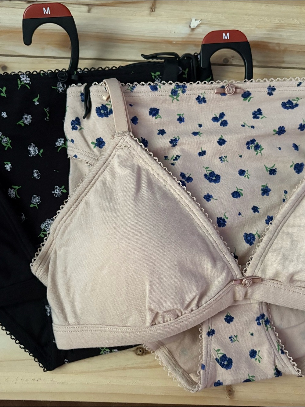 Lot of 2 Fruit of the Loom Nude and Black Triangle Bralette and Floral Brief Set